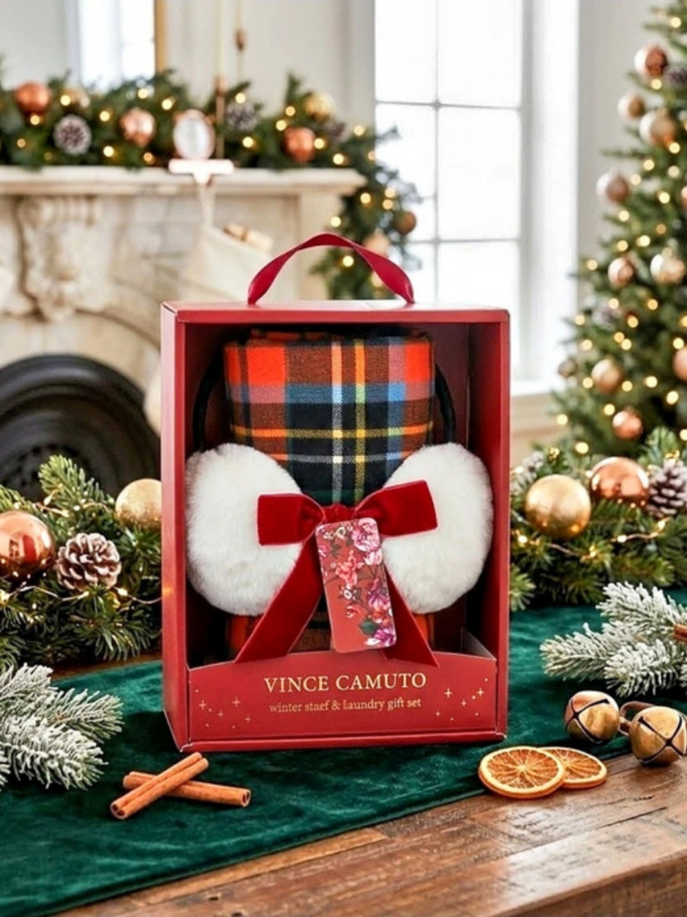 Vince Camuto Floral Blanket Scarf & Earmuff Gift Set in Red New In Box